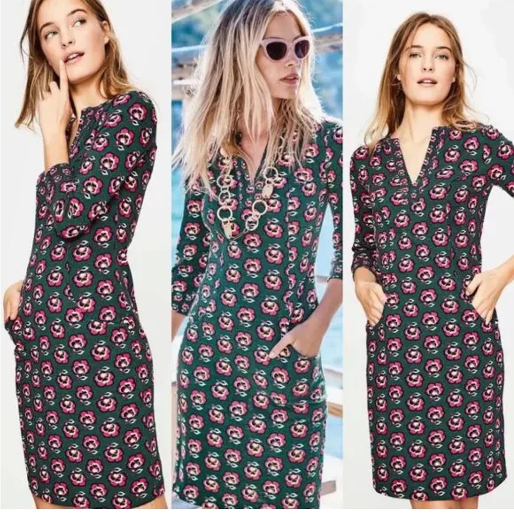 Boden Stephanie Jersey Dress Green Pink Floral Pocket Preppy Cotton Size 4